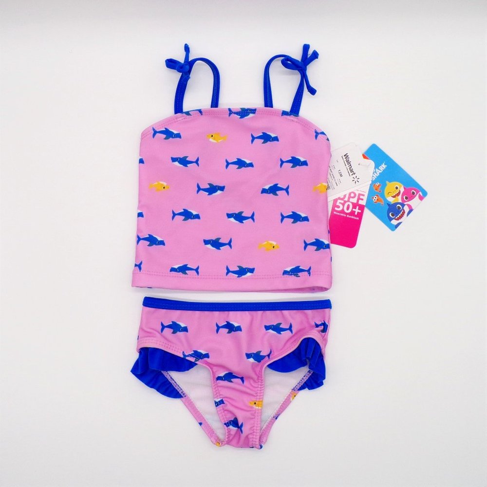 Pinkfong BABY SHARK Girl Swimsuit Sz 12 Month Pink Two Piece Suit Beach